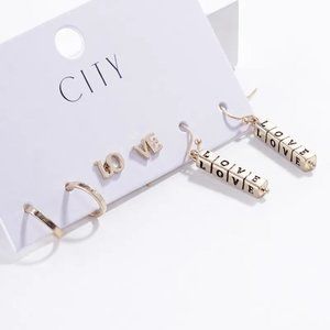 Set of 3 Earrings‎ Love Hoop Gold Dangle Stud Fashion Jewelry Small Brass Resin